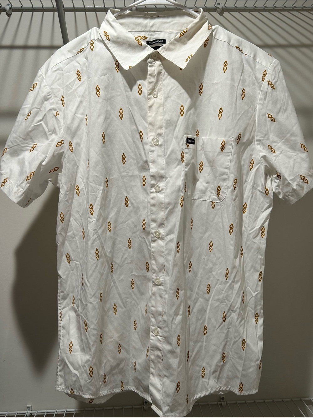 Brixton Men’s White Short-Sleeve Button Up Shirt with Gold Geometric Pattern L